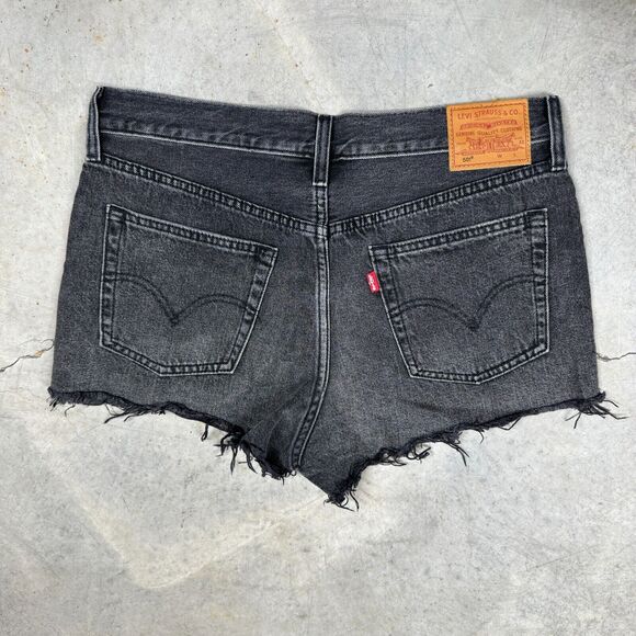 Levis Womens Premium 501 Original Shorts Black Denim Cut Off 32 Waist Distressed - Picture 2 of 12